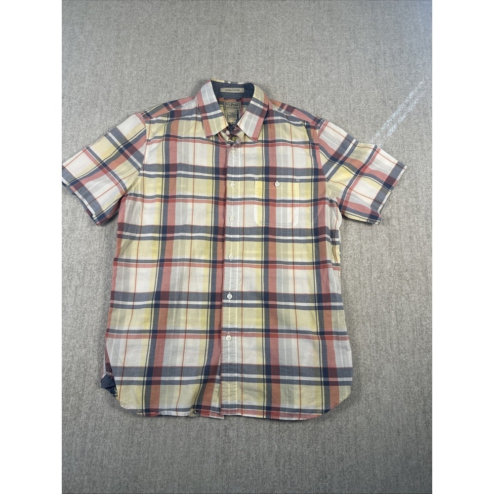LL Bean Button Down Mens Size M Plaid Blue Yellow Slightly‎ Fitted Short Sleeve